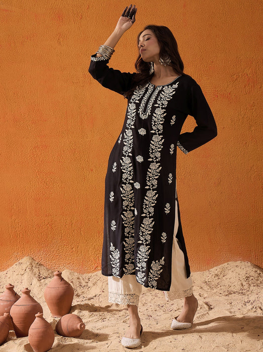 Women Black Embroidered Straight Kurtas