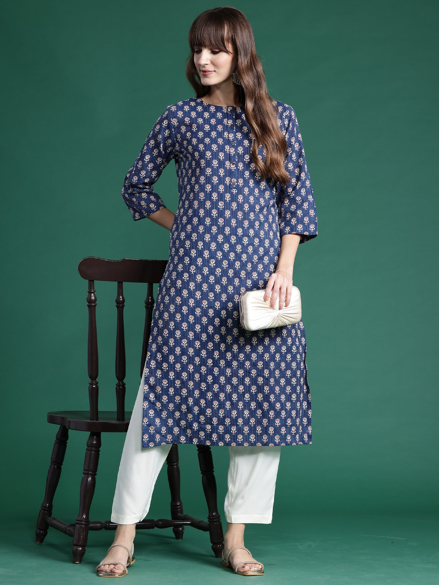 Women Blue Printed Straight Kurtas
