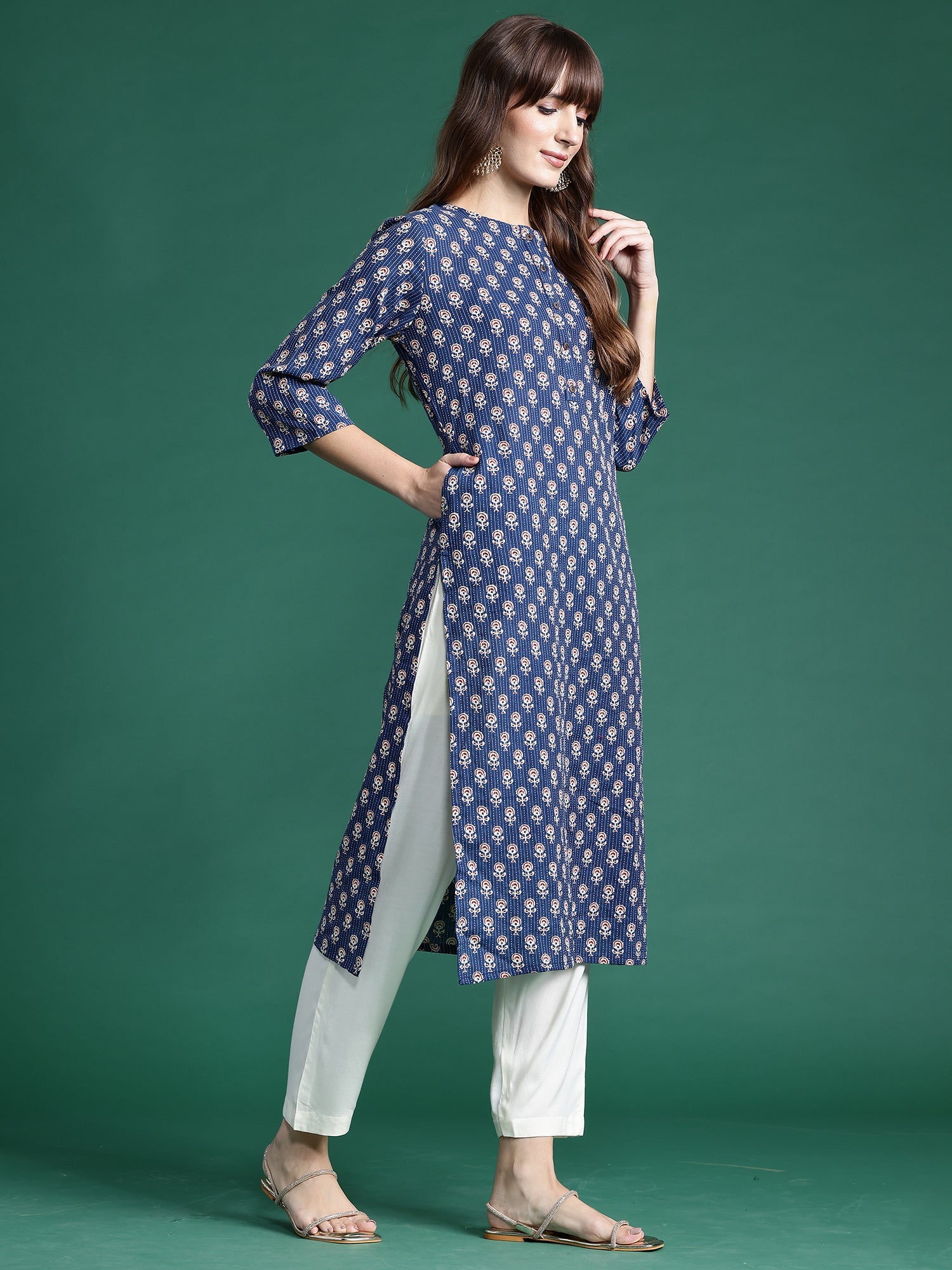 Women Blue Printed Straight Kurtas