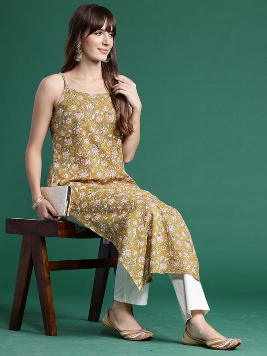 Women Mustard Printed Straight Kurtas