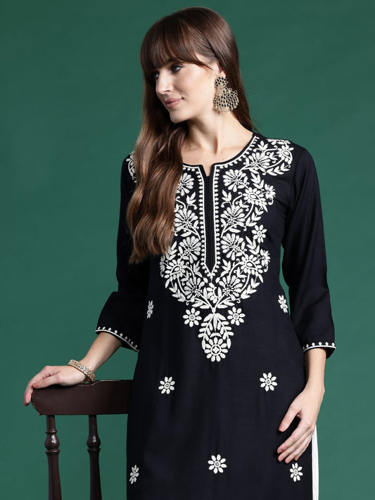 Women Black Embroidered Straight Kurtas