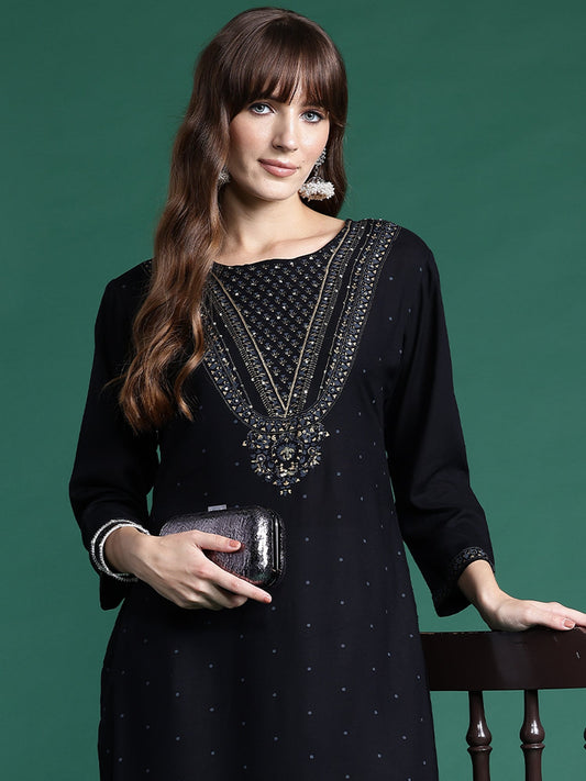 Women Black Printed Straight Kurtas