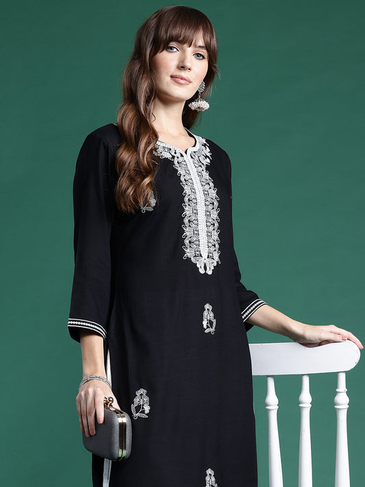 Women Black Embroidered Straight Kurtas