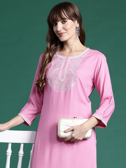 Women Pink Embroidered Straight Kurtas