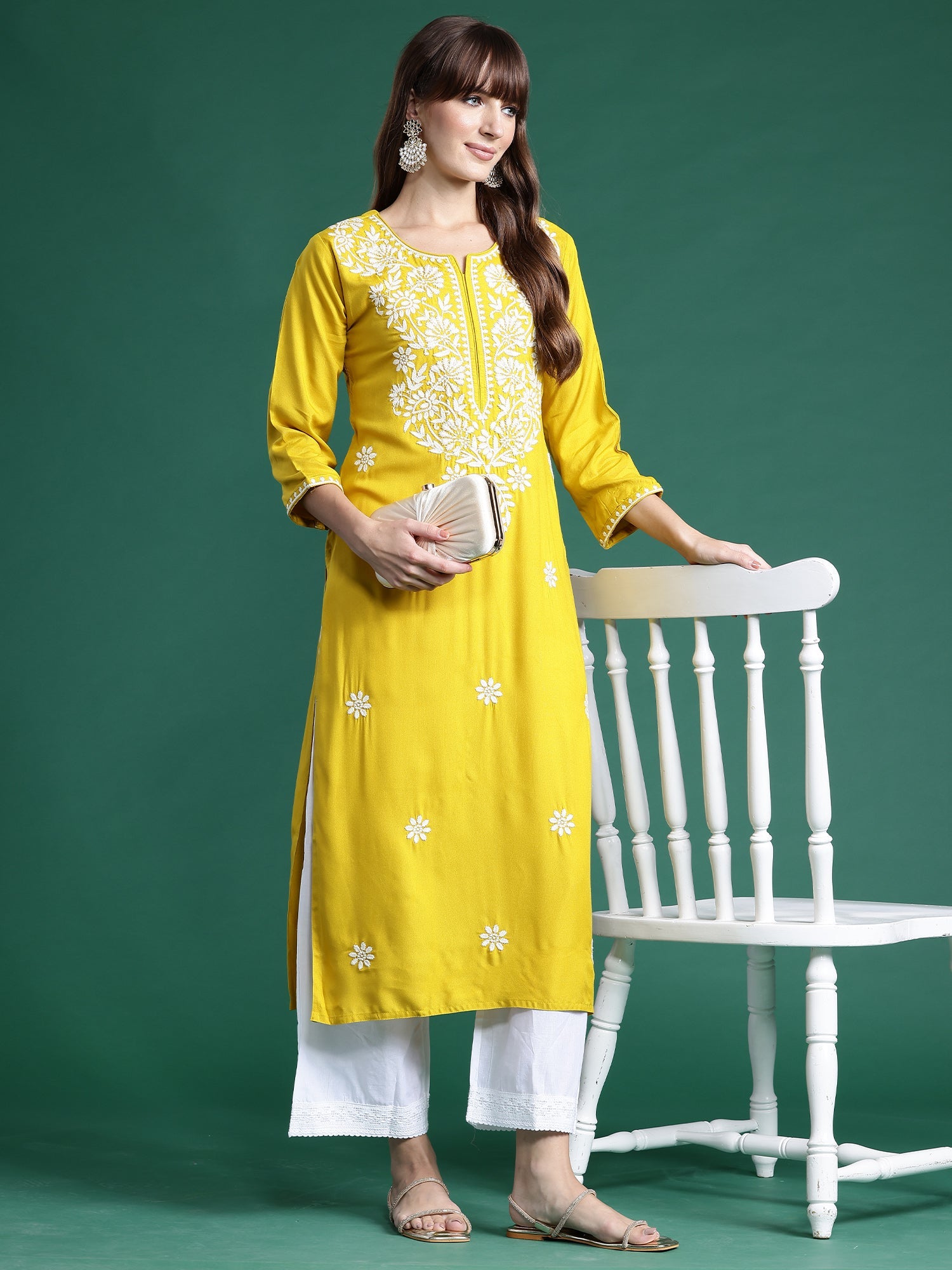 Women Yellow Embroidered Straight Kurtas