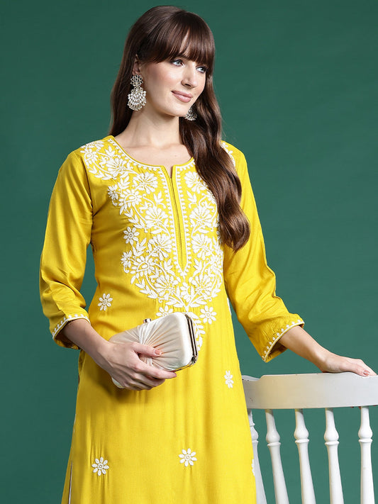 Women Yellow Embroidered Straight Kurtas