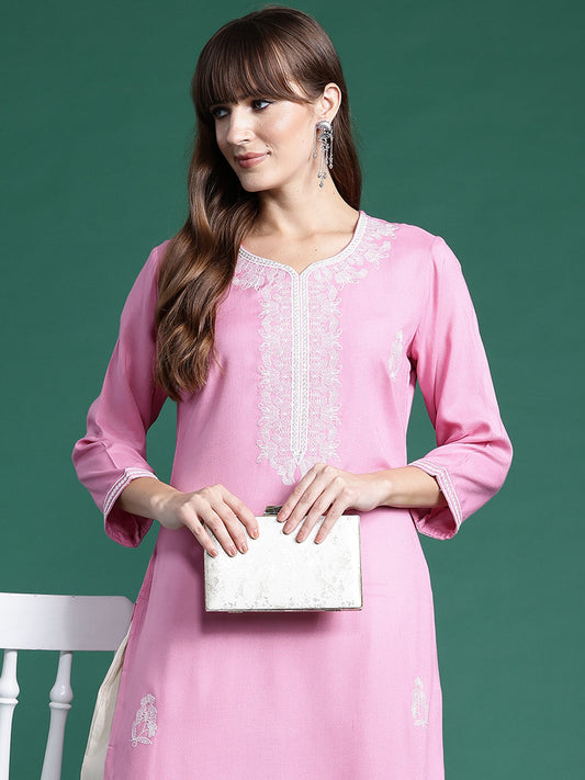 Women Pink Embroidered Straight Kurtas