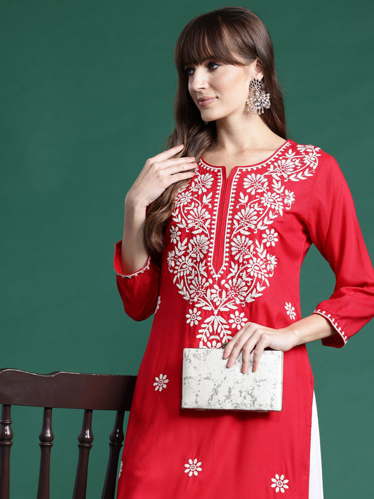 Women Red Embroidered Straight Kurtas