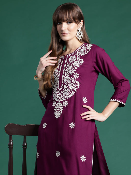 Women Burgundy Embroidered Straight Kurtas