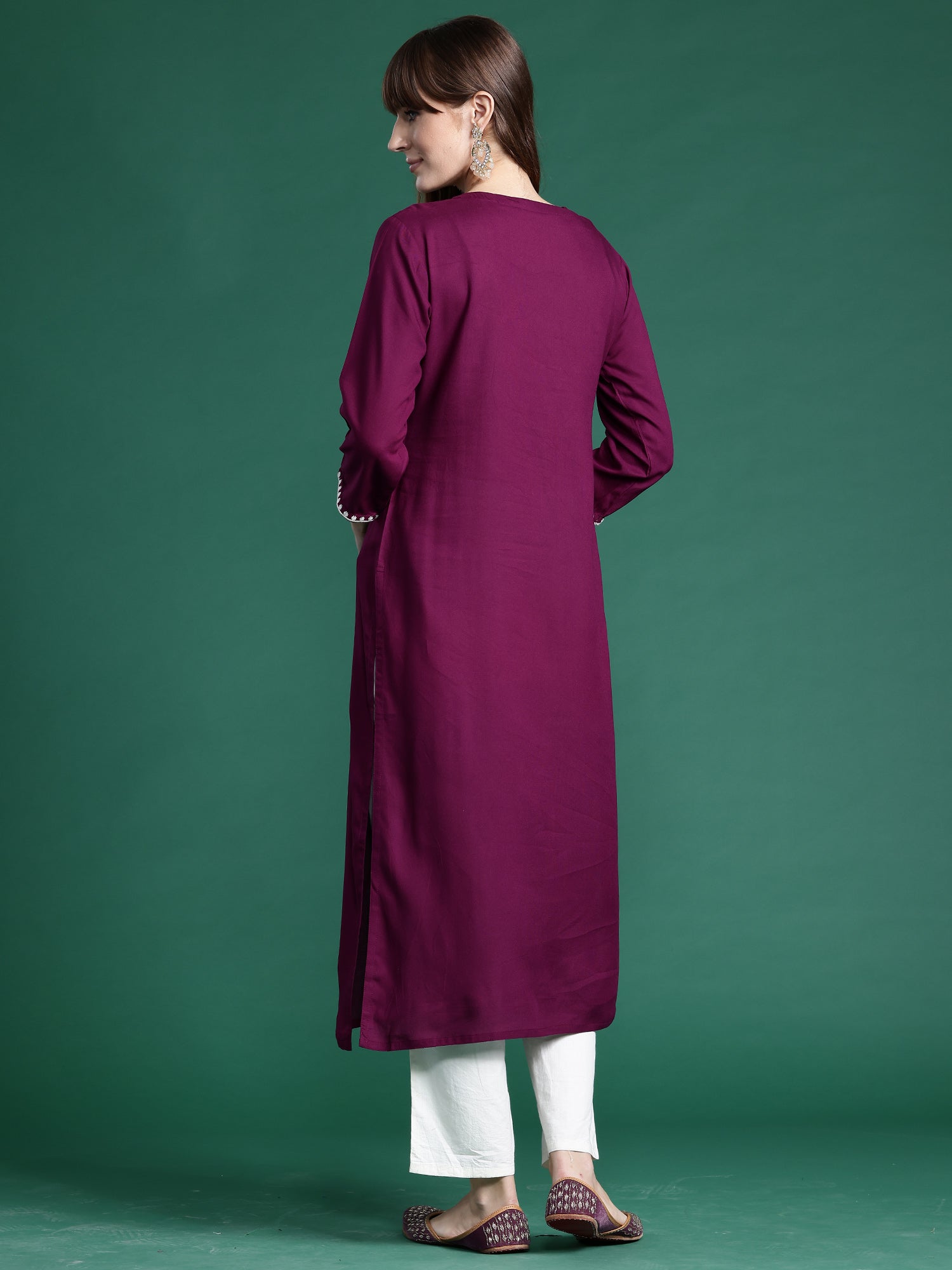 Women Burgundy Embroidered Straight Kurtas