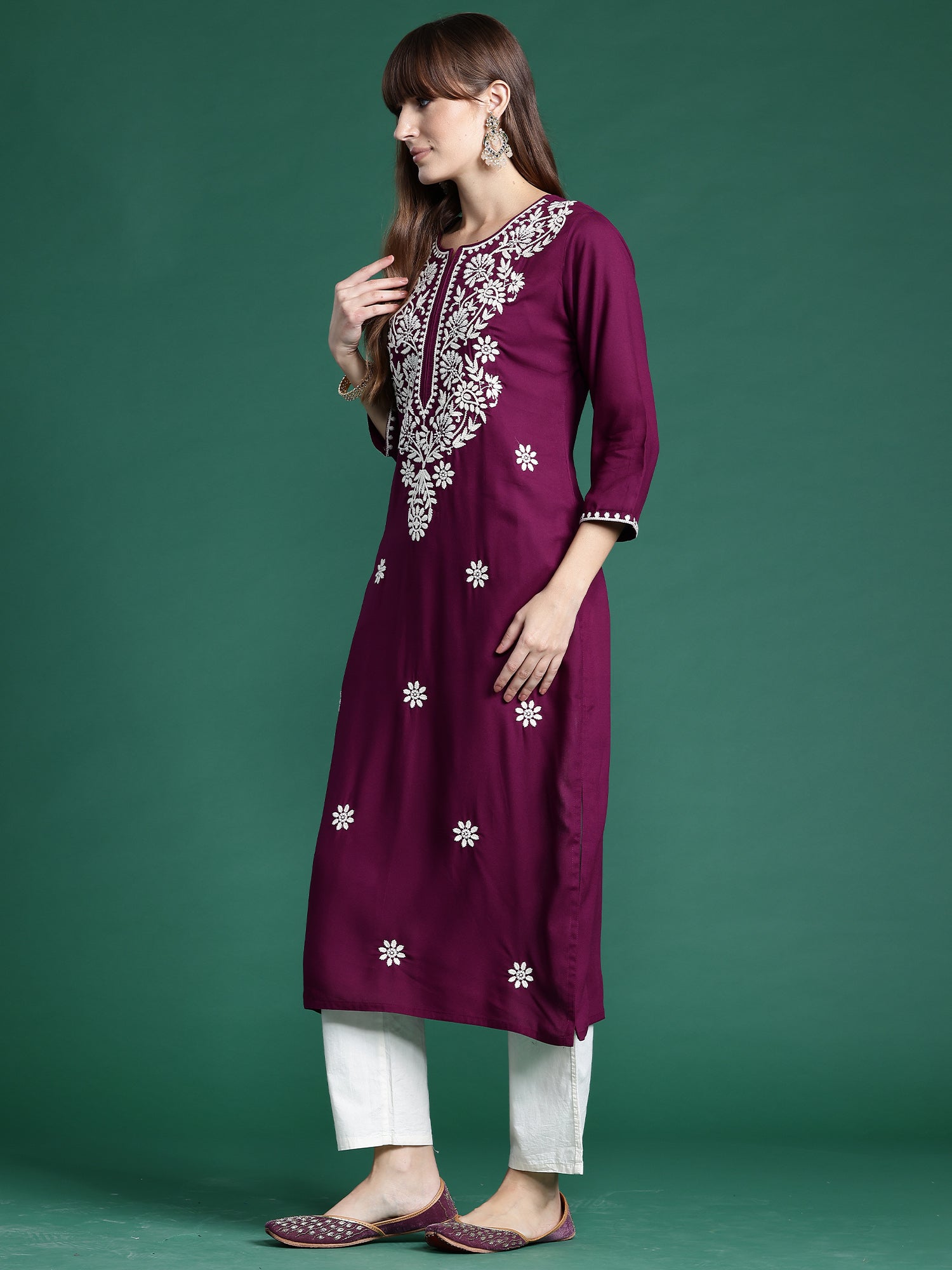 Women Burgundy Embroidered Straight Kurtas