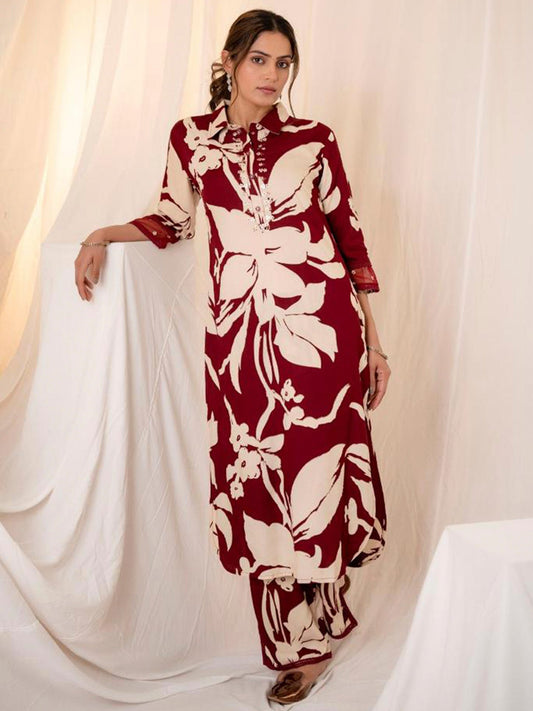 Women Maroon Printed Straight Kurta Trousers Set