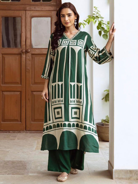 Women Green Printed A-Line Kurta Palazzos Set