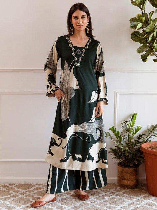 Women Green Printed A-Line Kurta Palazzos Set