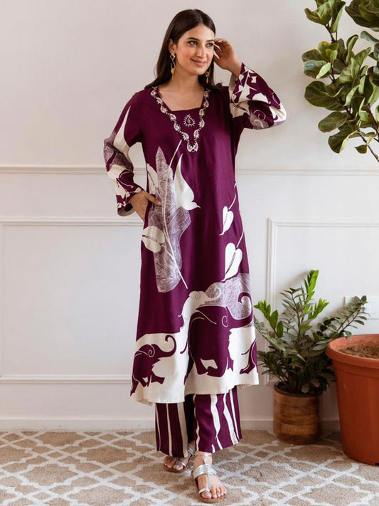 Women Burgundy Printed A-Line Kurta Palazzos Set