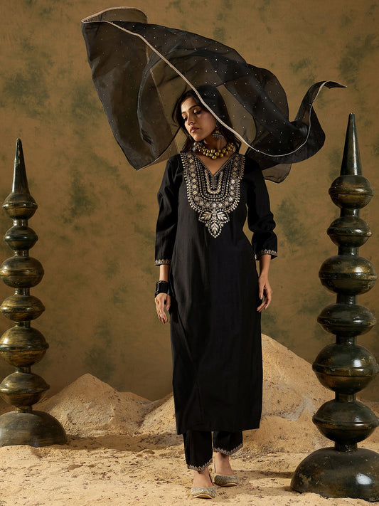 Women Black Embroidered Straight Kurta Trousers With Dupatta  Set