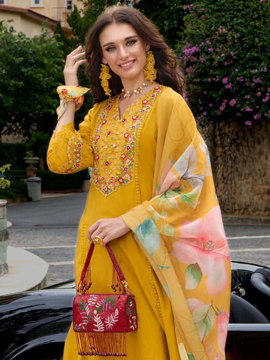 Women Mustard Embroidered A-Line Kurta Trousers With Dupatta Set