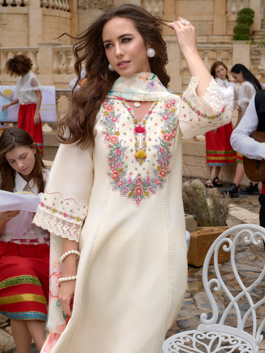 Women Off White Embroidered A-Line Kurta Trousers With Dupatta Set