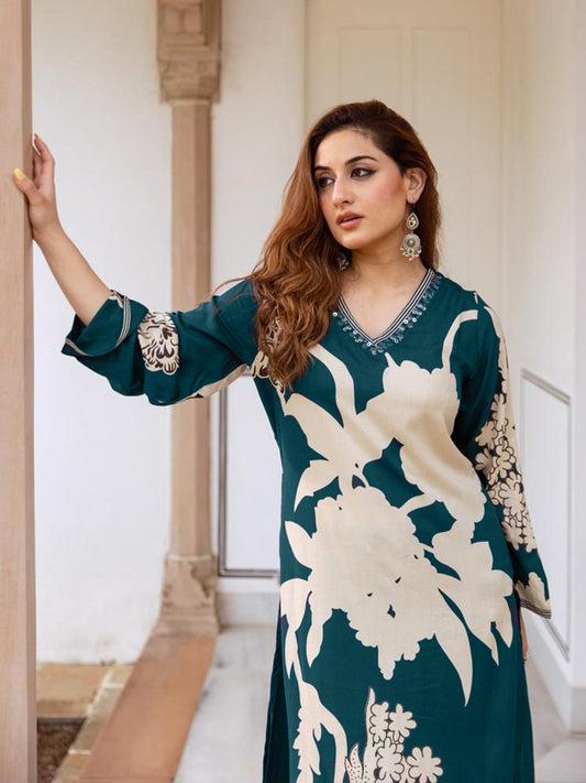 Women Teal Printed A-Line Kurta Salwar Set