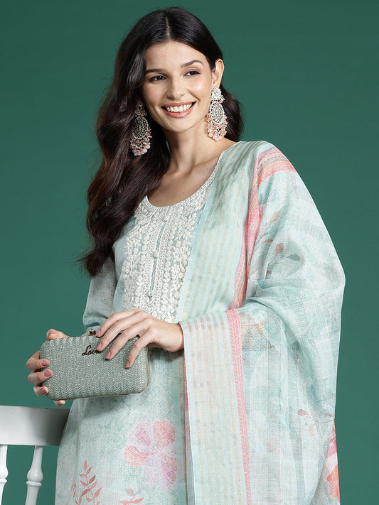 Women Sea Green Printed Straight Kurta Trousers With Dupatta  Set