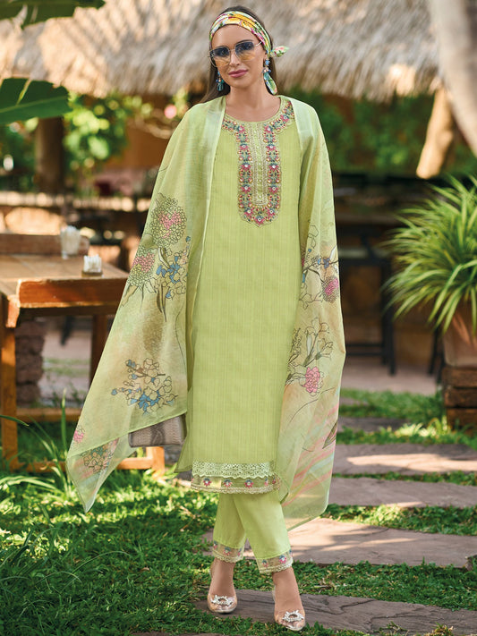 Women Green Embroidered Straight Kurta Trousers With Dupatta Set