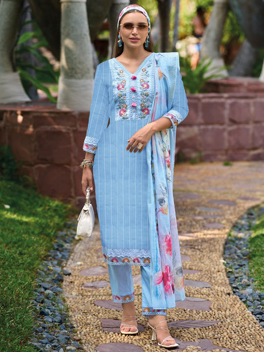 Women Blue Embroidered Straight Kurta Trousers With Dupatta Set