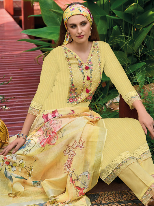 Women Yellow Embroidered Straight Kurta Trousers With Dupatta Set