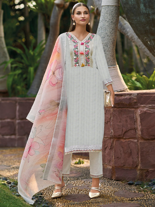 Women Off White Embroidered Straight Kurta Trousers With Dupatta Set