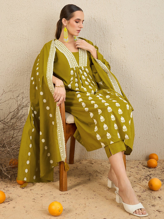 Women Green Embroidered A-Line Kurta Trousers With Dupatta Set