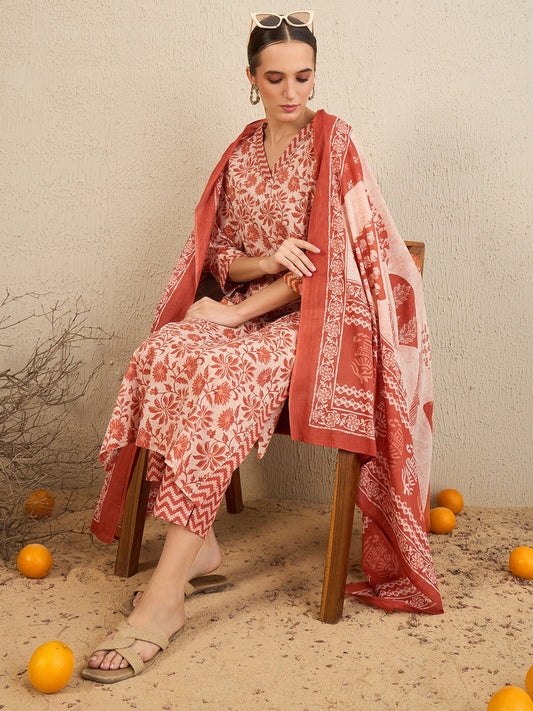 Women Rust Printed Straight Kurta Trousers With Dupatta Set