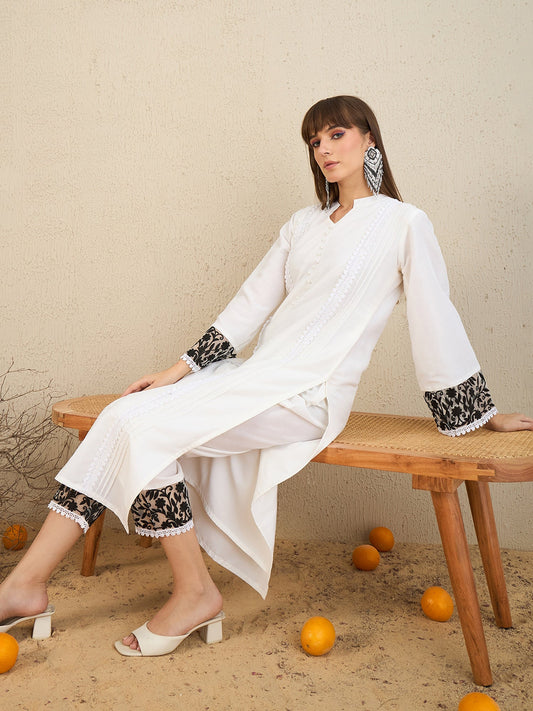 Women White Embroidered Straight Kurta Trousers Set