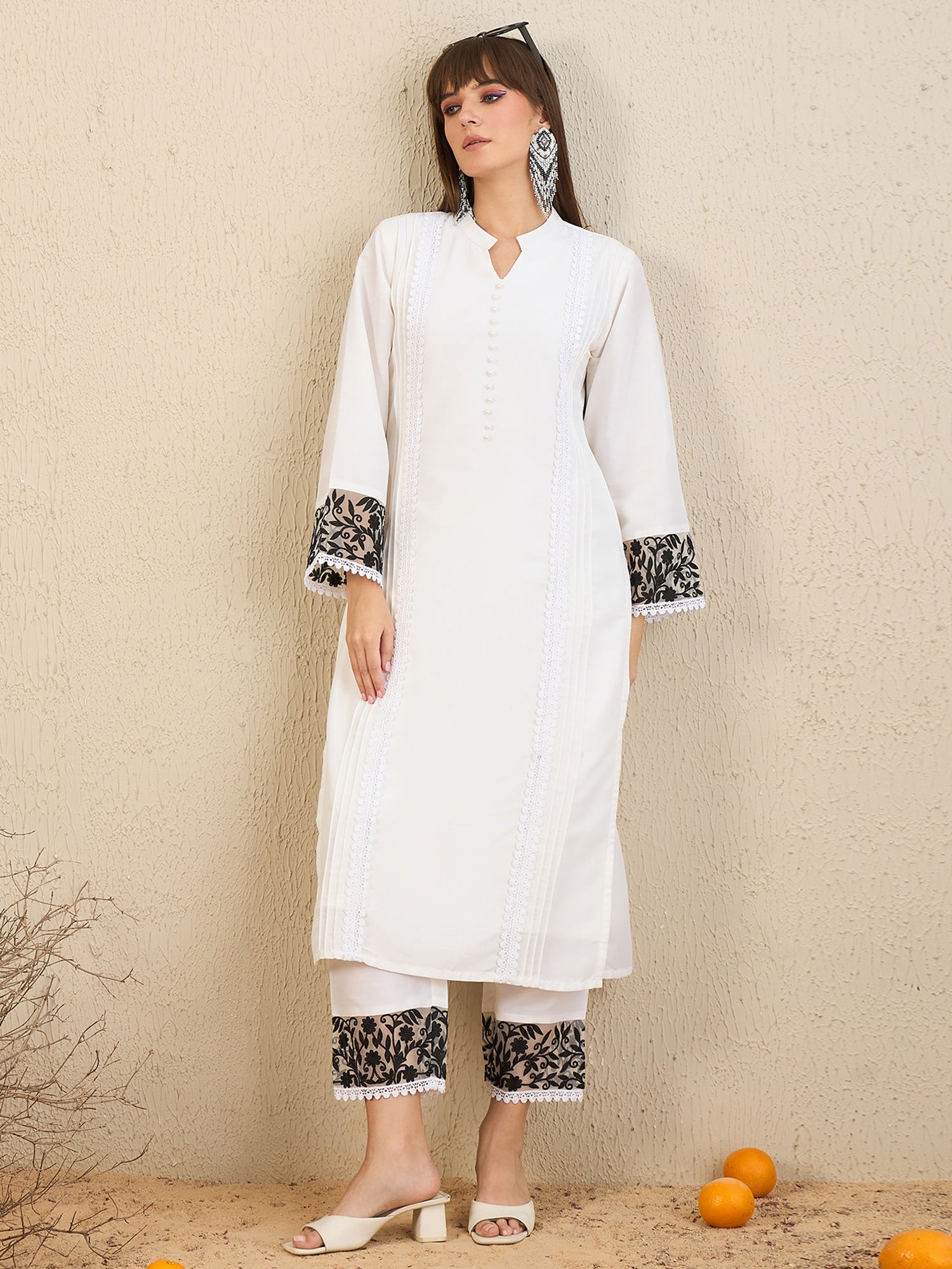 Women White Embroidered Straight Kurta Trousers Set