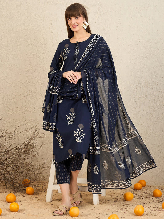 Women Navy Blue Printed Straight Kurta Trousers With Dupatta Set