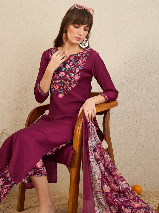 Women Burgundy Embroidered Straight Kurta Palazzos With Dupatta  Set