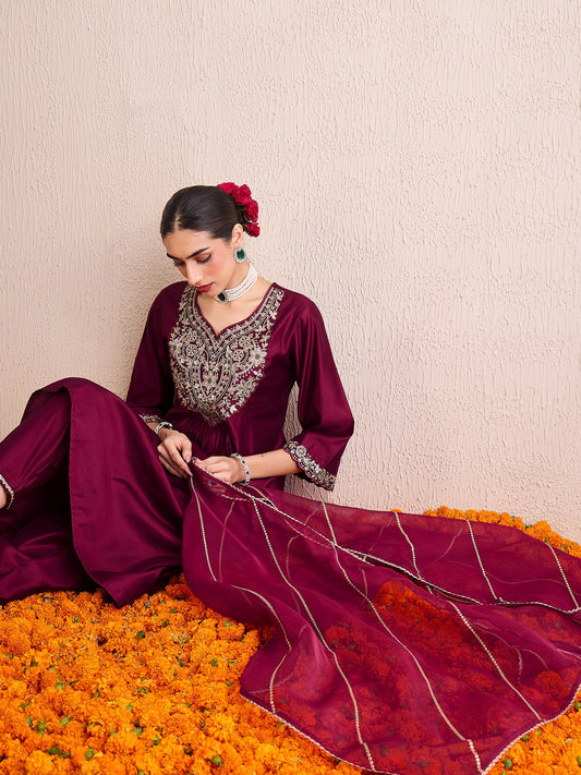 Women Burgundy Embroidered A-Line Kurta Palazzos With Dupatta  Set