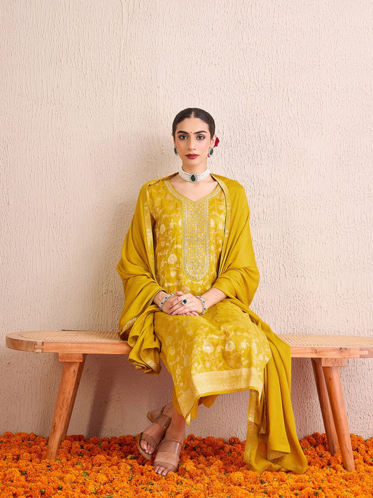 Women Yellow Embroidered Straight Kurta Trousers With Dupatta Set