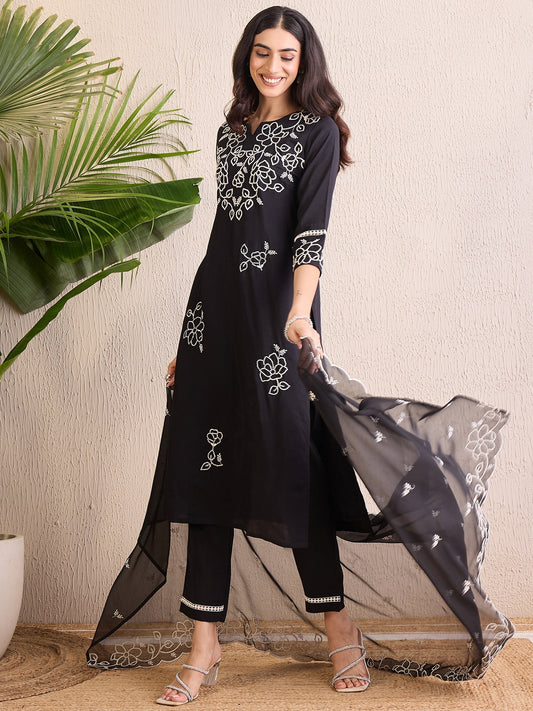 Women Black Embroidered Straight Kurta Trousers With Dupatta Set