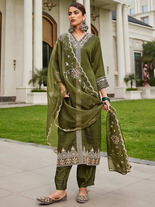 Women Green Embroidered Straight Kurta Trousers With Dupatta Set