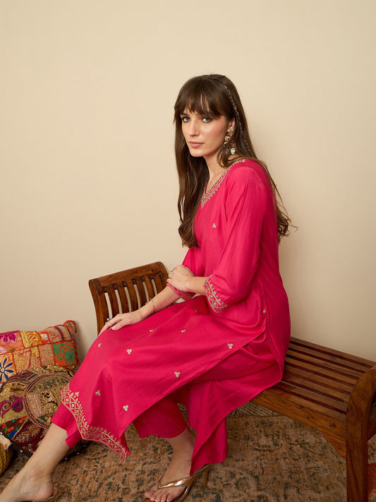 Women Pink Embroidered Straight Kurta Trousers Set