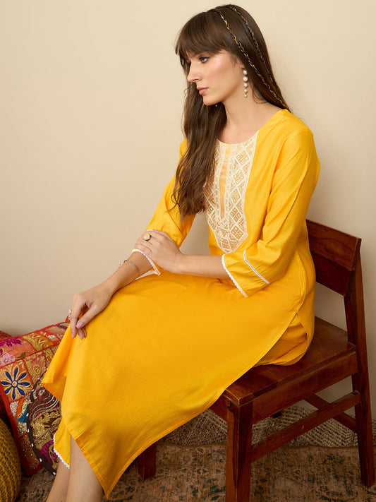 Women Yellow Embroidered Straight Kurta Trousers Set