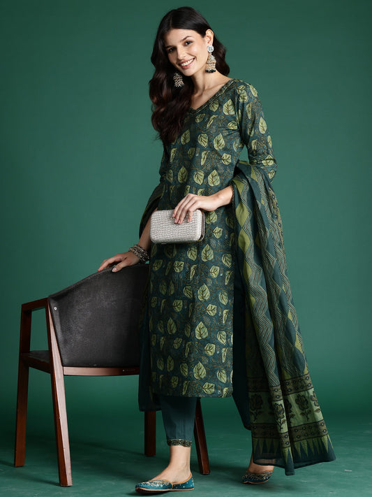 Women Green Printed Straight Kurta Trousers With Dupatta Set