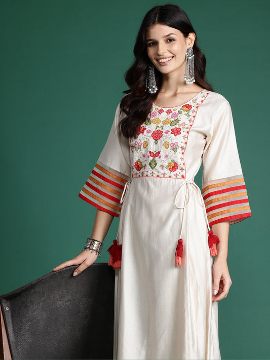 Women Off White Embroidered A-Line Kurta Trousers Set