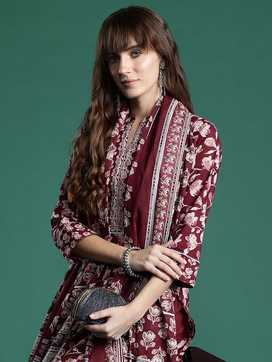 Women Maroon Printed Straight Kurta Trousers With Dupatta Set