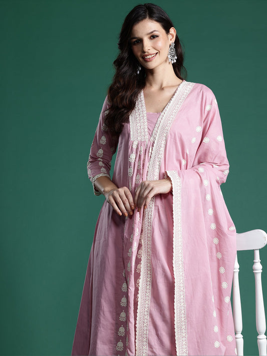 Women Pink Embroidered A-Line Kurta Trousers With Dupatta Set