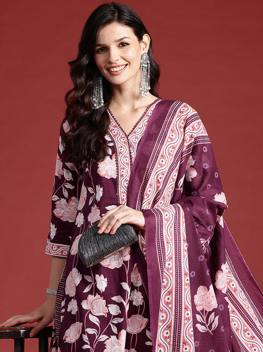 Women Burgundy Printed Straight Kurta Trousers With Dupatta Set