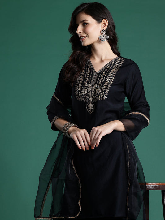 Women Black Embroidered Straight Kurta Sharara With Dupatta  Set