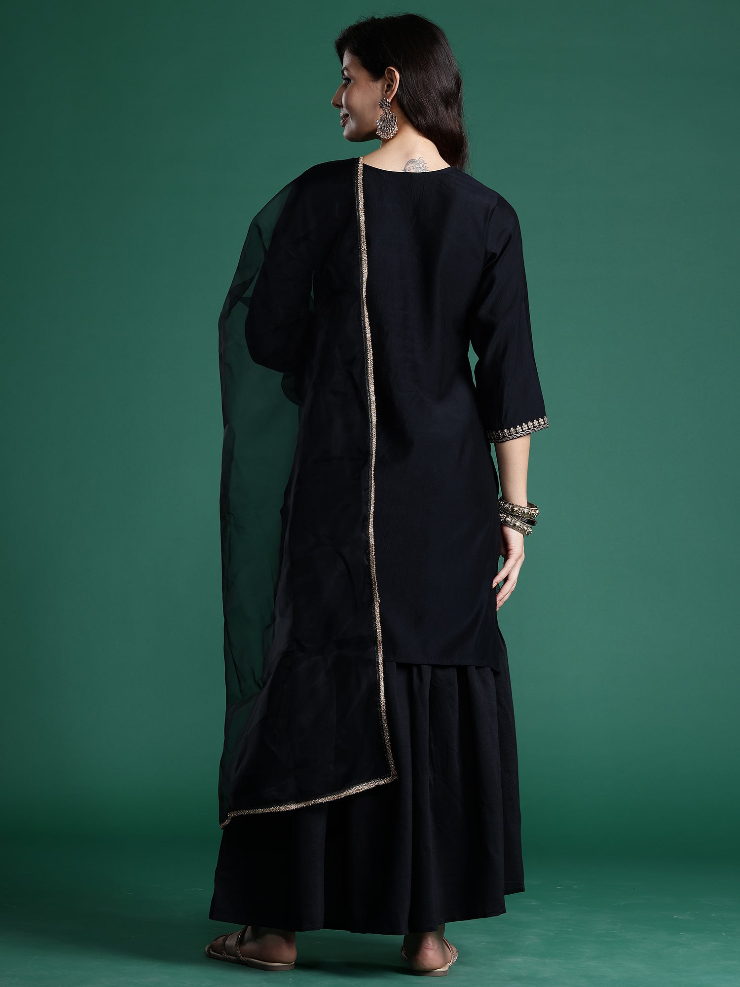 Women Black Embroidered Straight Kurta Sharara With Dupatta  Set