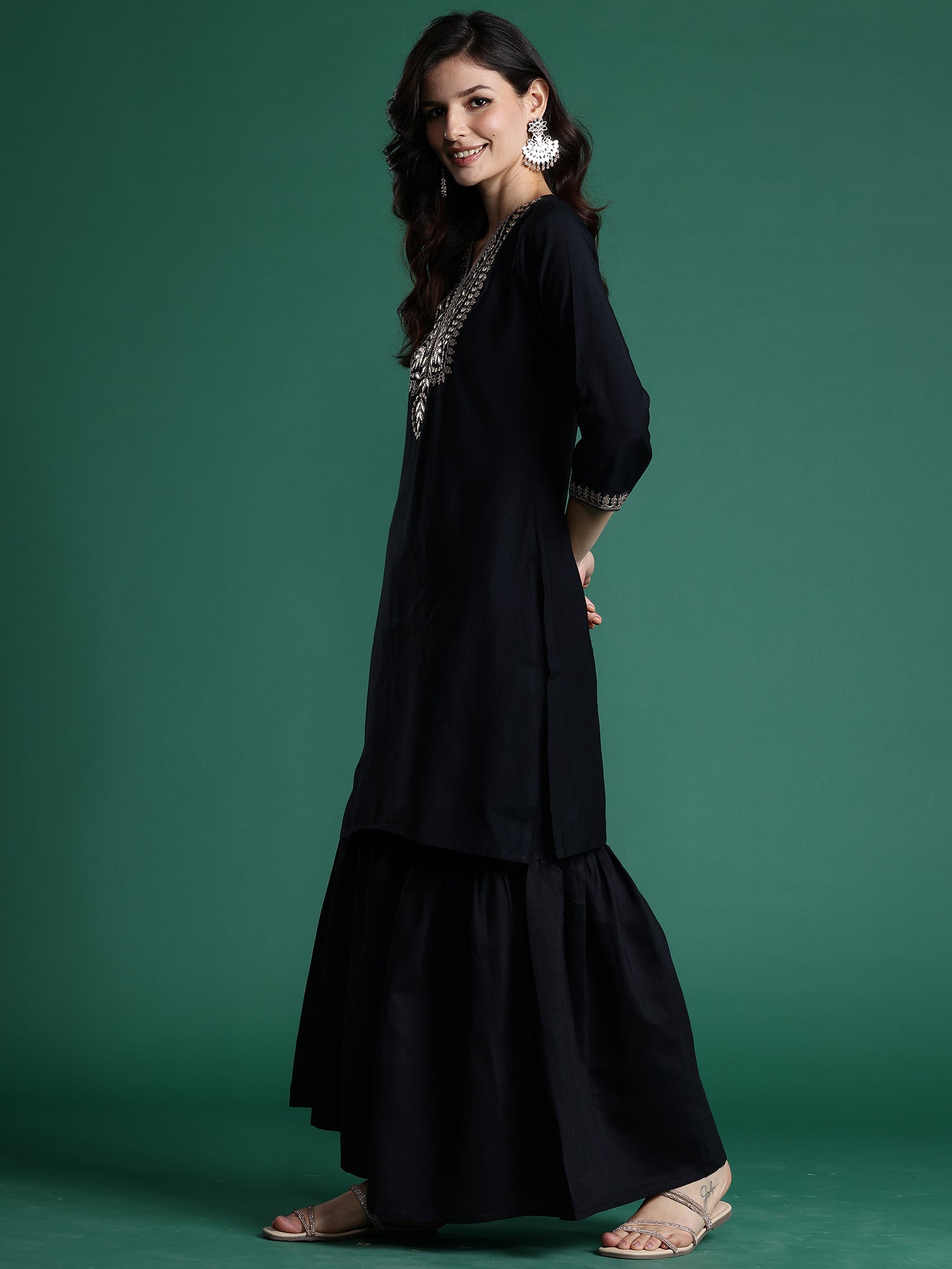 Women Black Embroidered Straight Kurta Sharara With Dupatta  Set