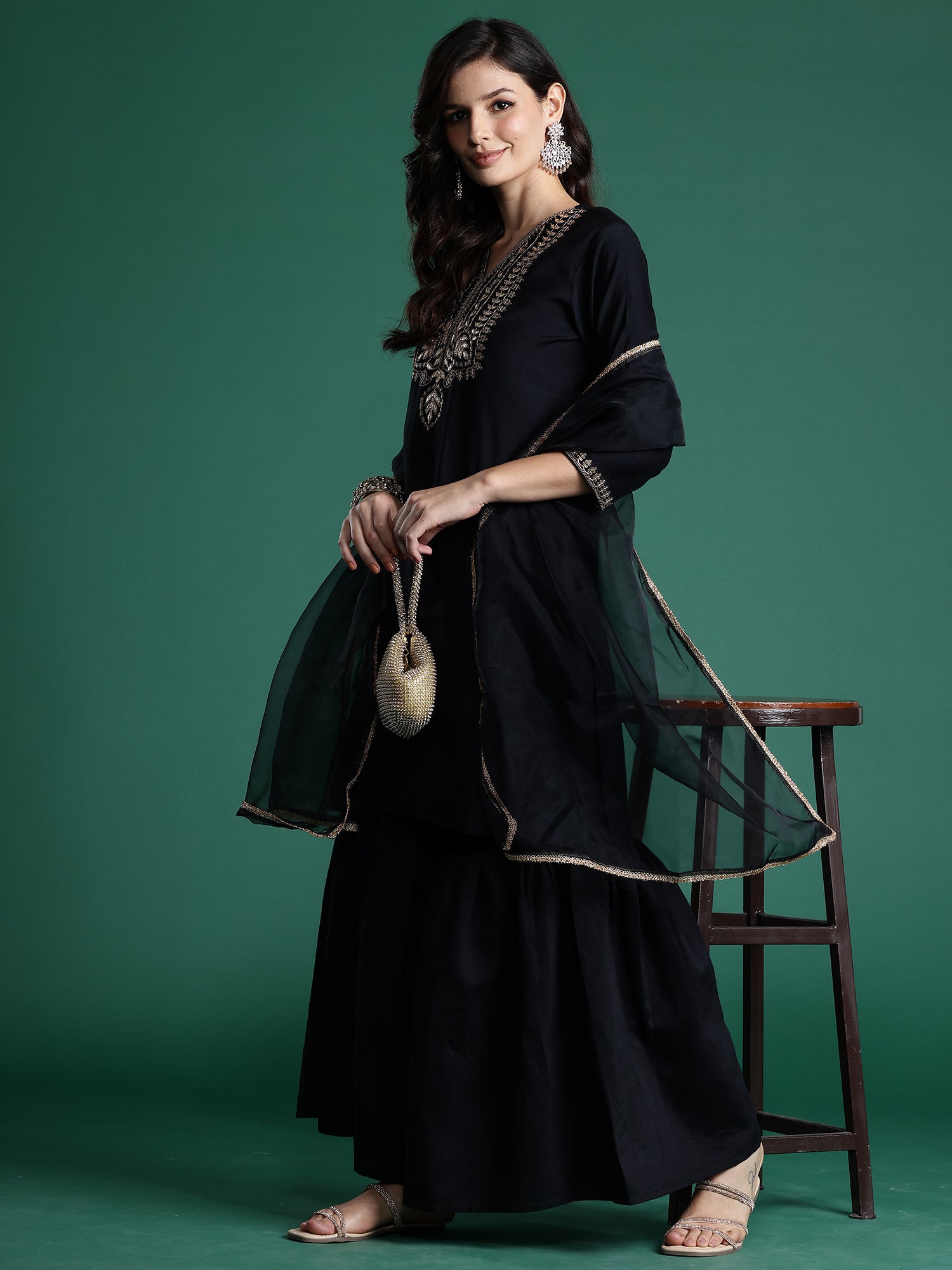 Women Black Embroidered Straight Kurta Sharara With Dupatta  Set