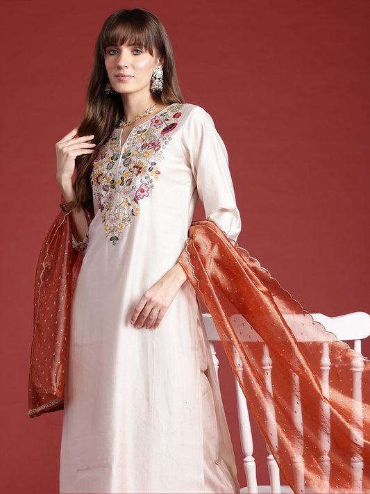 Women Off White Embroidered Straight Kurta Trousers With Dupatta  Set